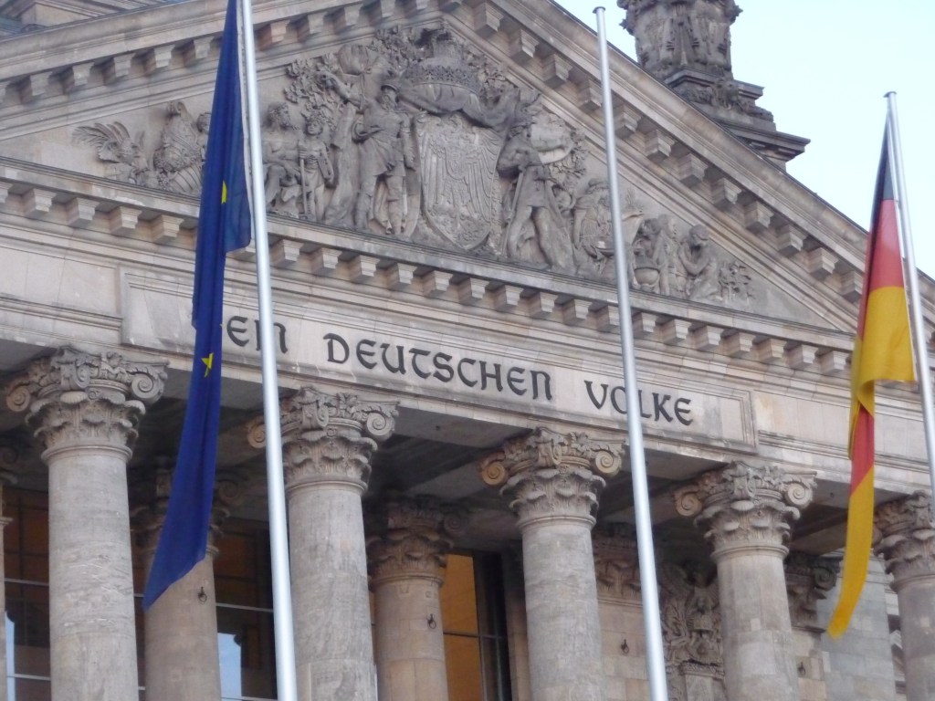 Inscription on the front of the Reichstag Building Berlin "Dem Deutschen Volke" To The German People.
