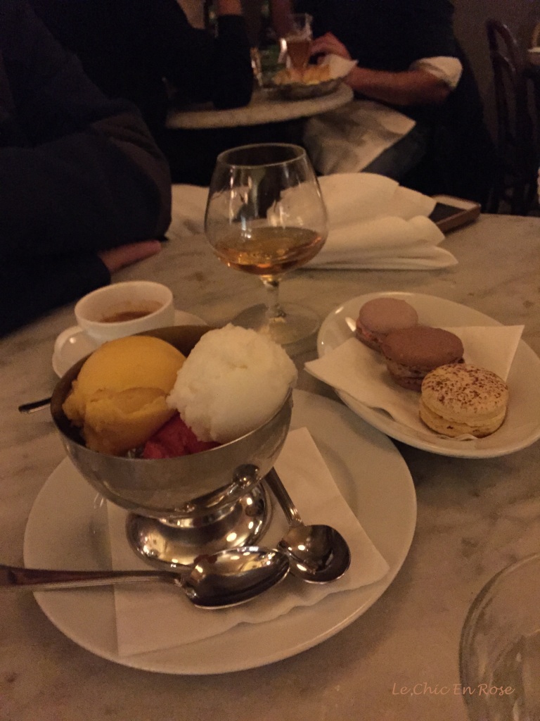 Macaroons and sorbets followed by coffee and calvados - desserts at Cafe Boheme!