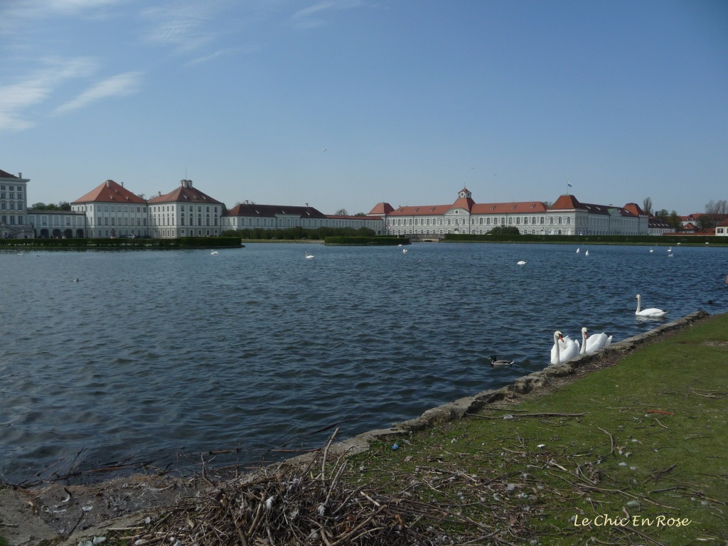 Approaching Nymphenburg Palace front entrance and lake with swans